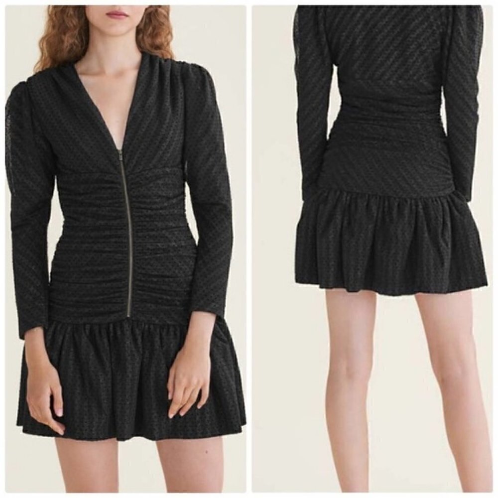 Maje Ralone Polka Dot Mesh Mini Dress Black Size 1 NWT